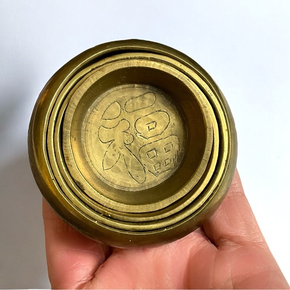 🌺5 Antique Chinese Brass Nesting Bowls/Cups - Picture 1 of 11